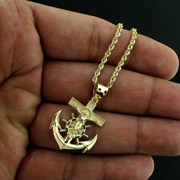 JewelzKing Other - 10K Real Gold Rope Chain and Anchor Cross Pendant Set